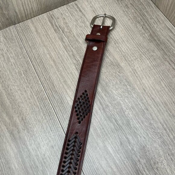 Mens Belt Size 46 Western Genuine Leather Hand Tooled Braided Buckle Brown - Picture 5 of 11